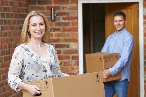 Business relocation boxes and labelled office items