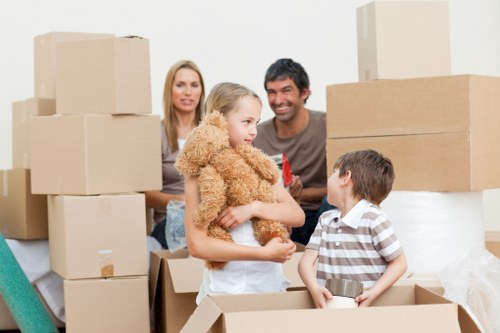 Packed office furniture and equipment ready for transport